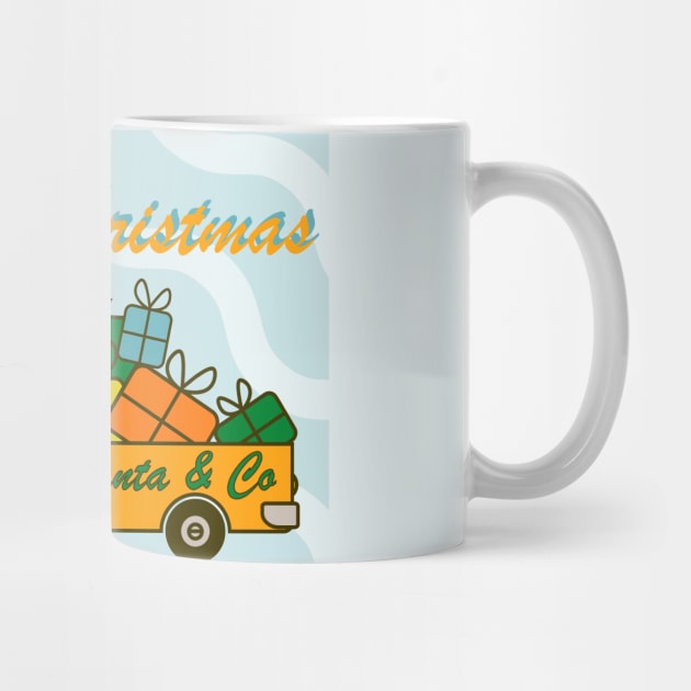 Greeting card with lettering front on yellow Santa truck, presents and Christmas tree by Cute-Design